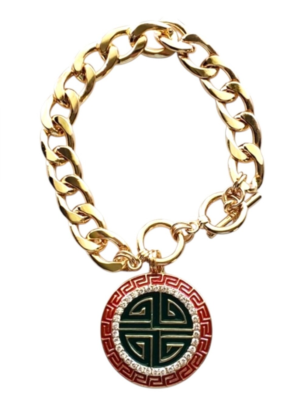 Cuban Link Bracelet with Medallion - Greek Key Design